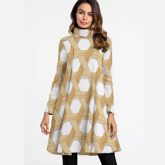 All-Over Print Women's High Neck Dress With Long Sleeve