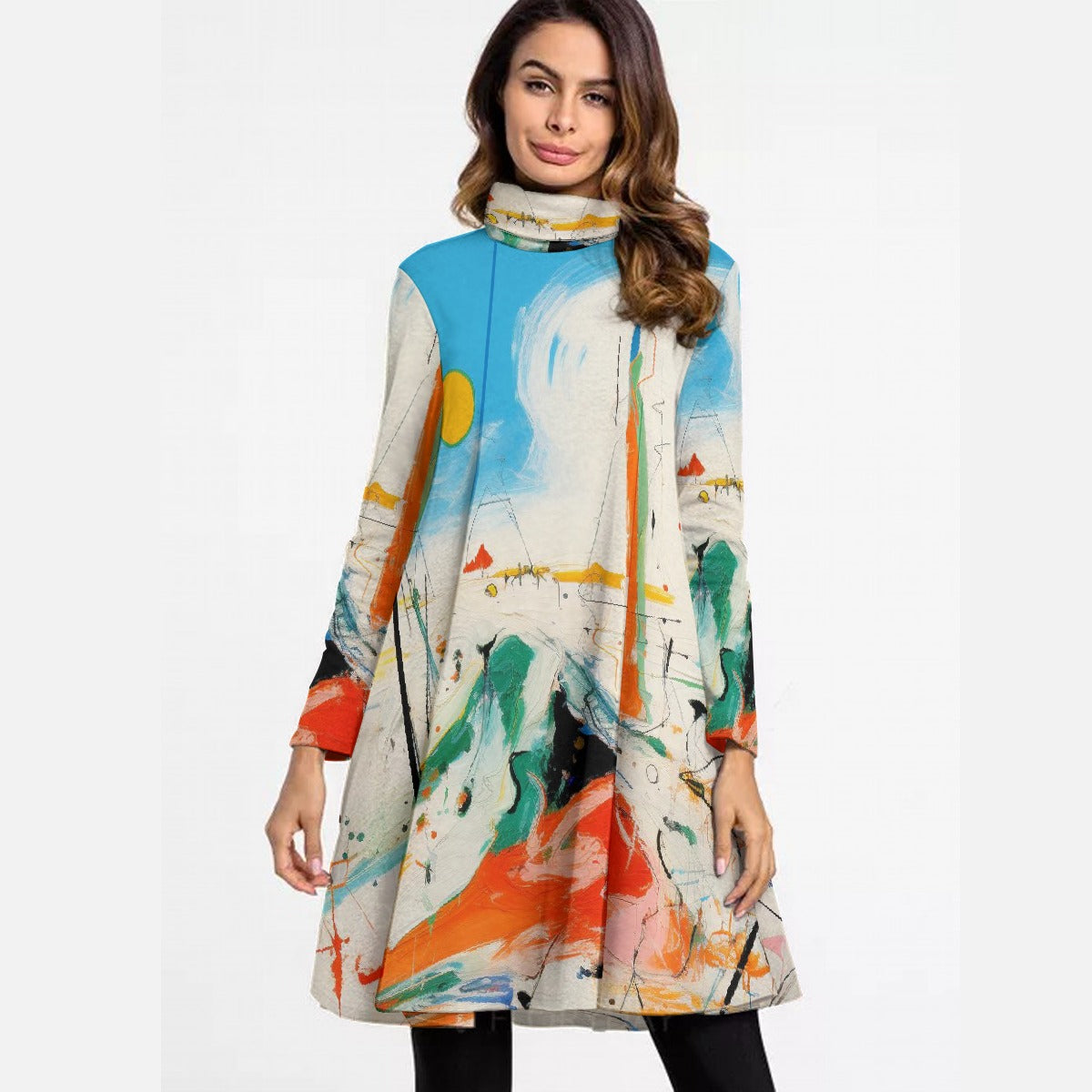 All-Over Print Women's High Neck Dress With Long Sleeve