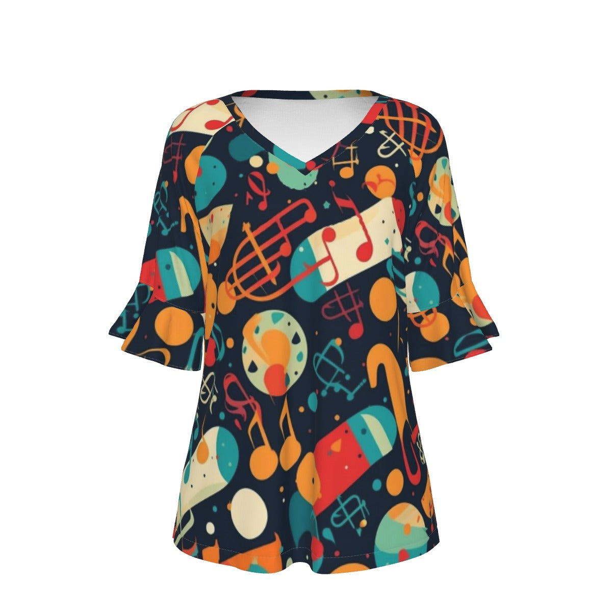 All-Over Print V-neck Women's T-shirt With Bell Sleeve