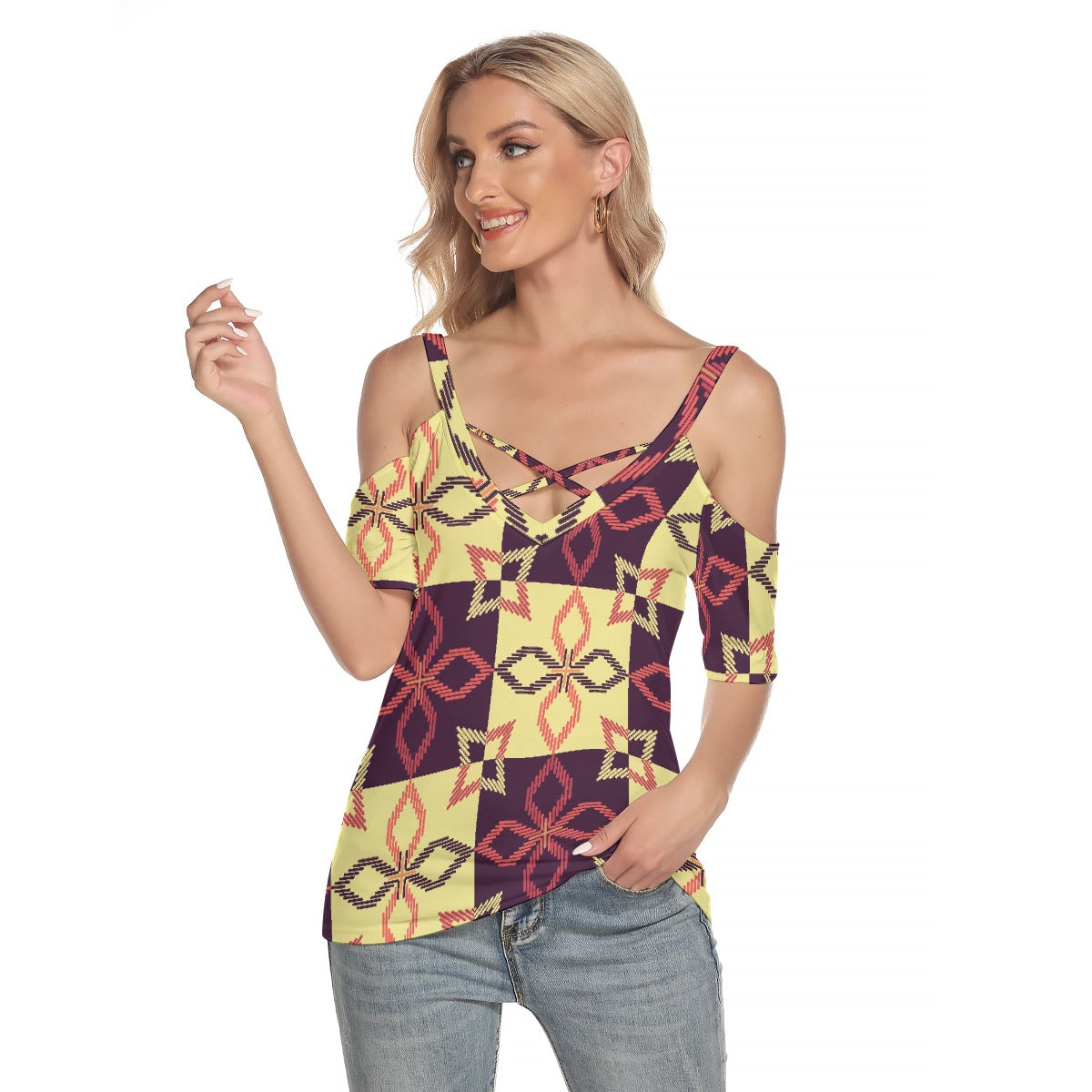 All-Over Print Women's Cold Shoulder T-shirt With Criss Cross Strips