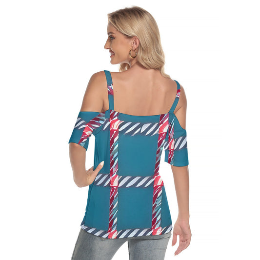 All-Over Print Women's Cold Shoulder T-shirt With Criss Cross Strips