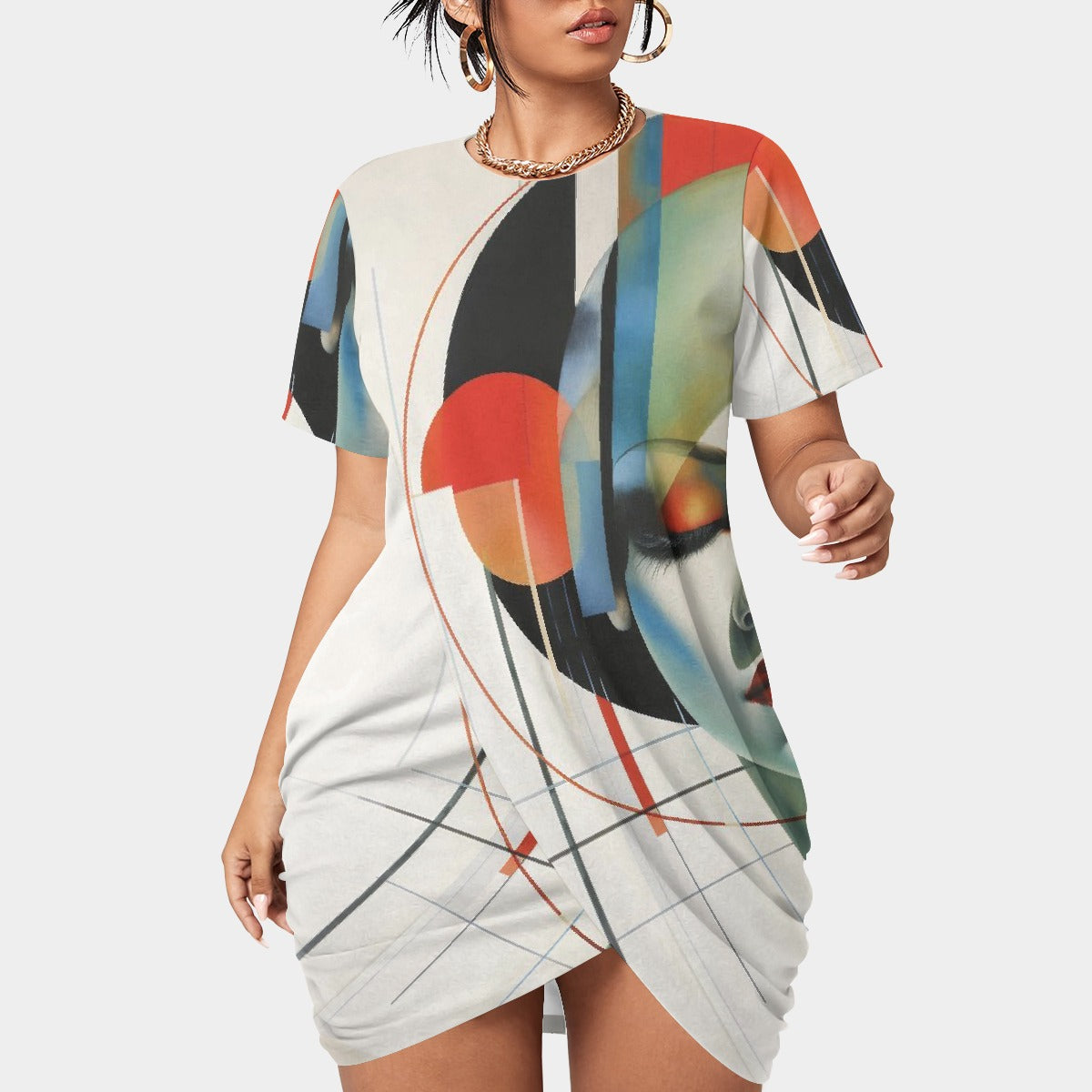 All-Over Print Women’s Stacked Hem Dress With Short Sleeve（Plus Size）