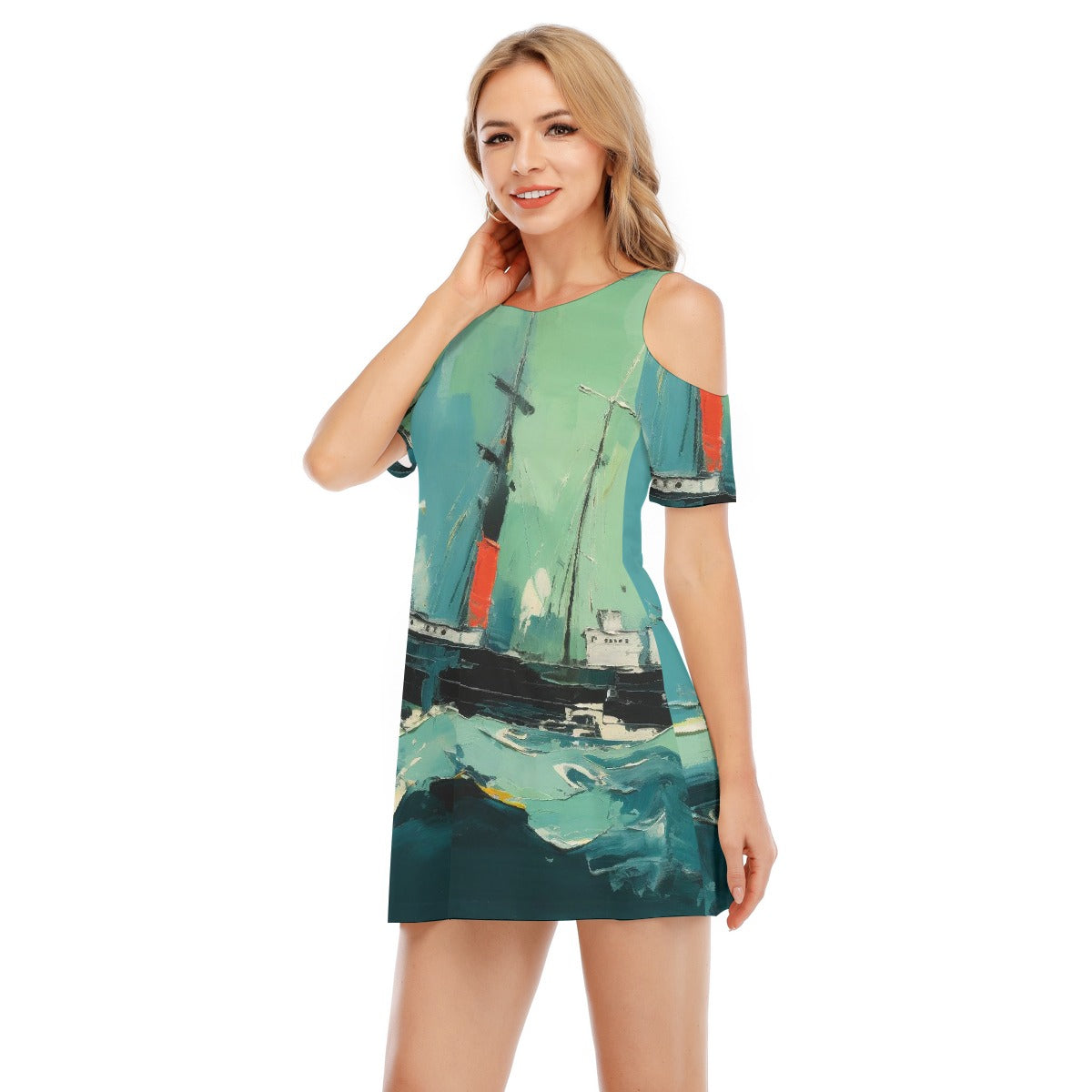 All-Over Print Women's Cold Shoulder Dress | 190GSM Cotton