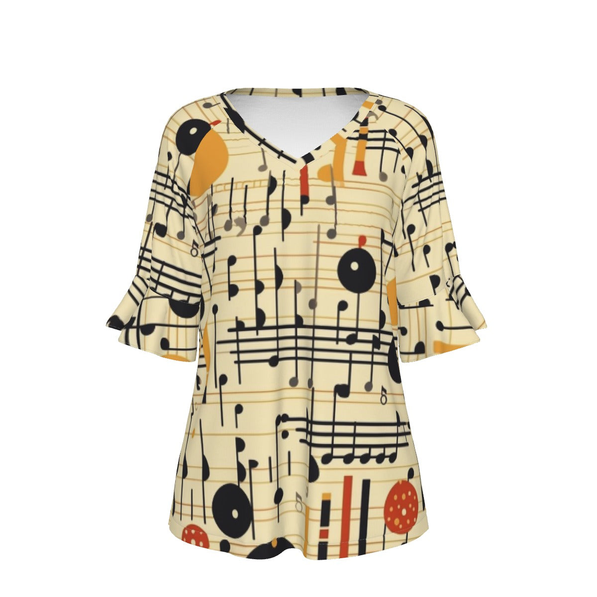 All-Over Print V-neck Women's T-shirt With Bell Sleeve