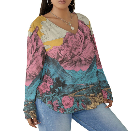 All-Over Print Women's V-neck T-shirt With Curved Hem(Plus Size)