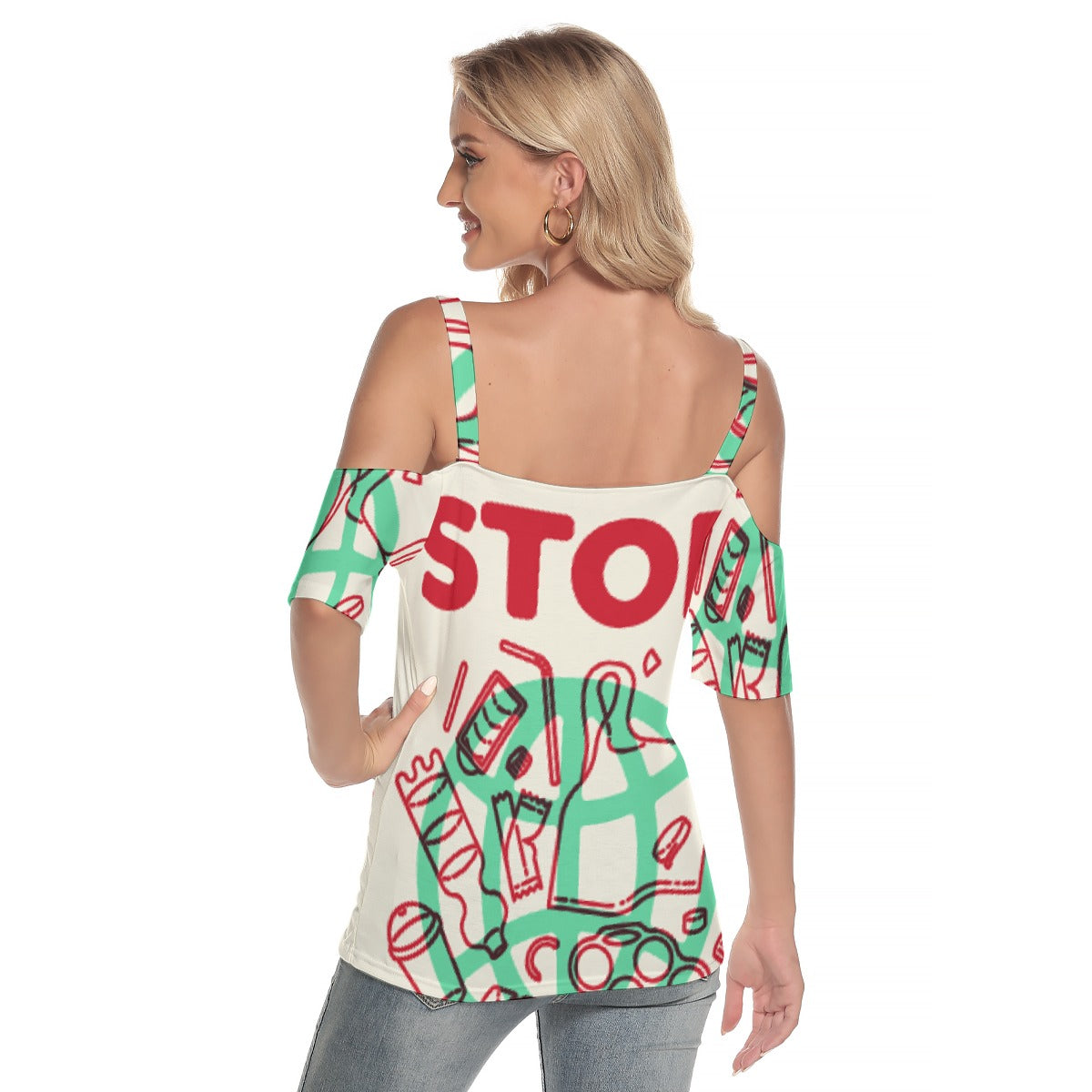 All-Over Print Women's Cold Shoulder T-shirt With Criss Cross Strips