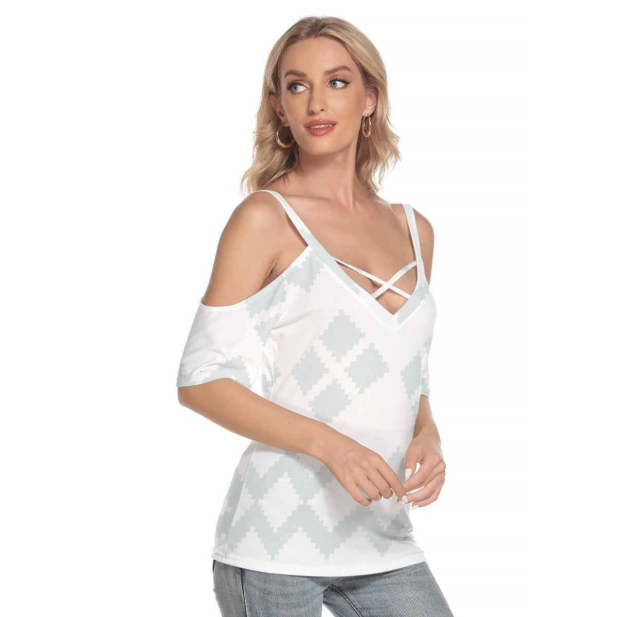 All-Over Print Women's Cold Shoulder T-shirt With Criss Cross Strips