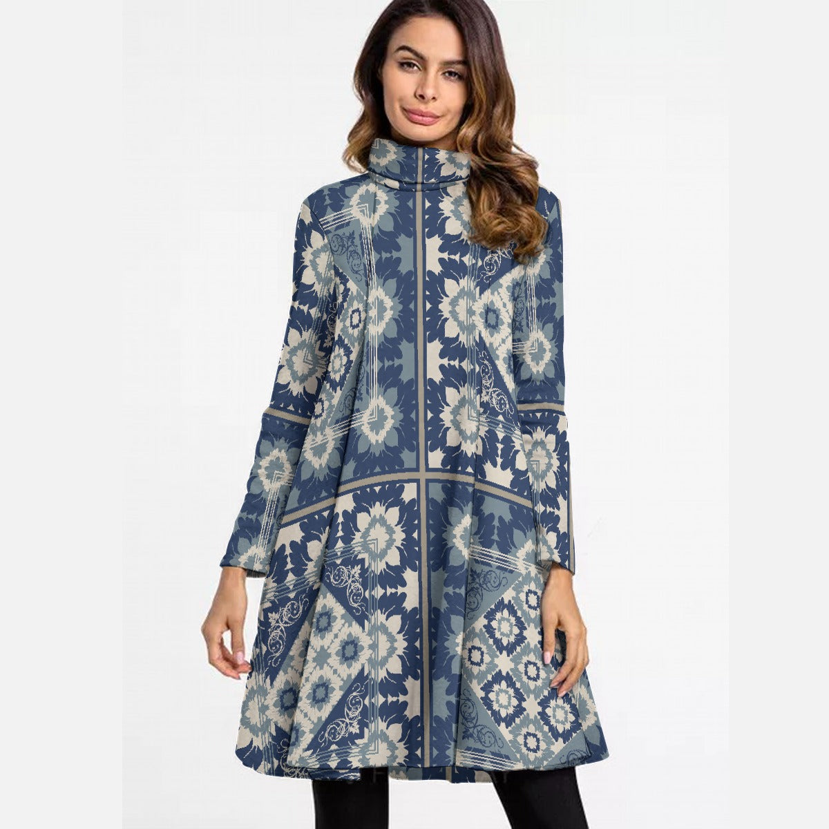 All-Over Print Women's High Neck Dress With Long Sleeve