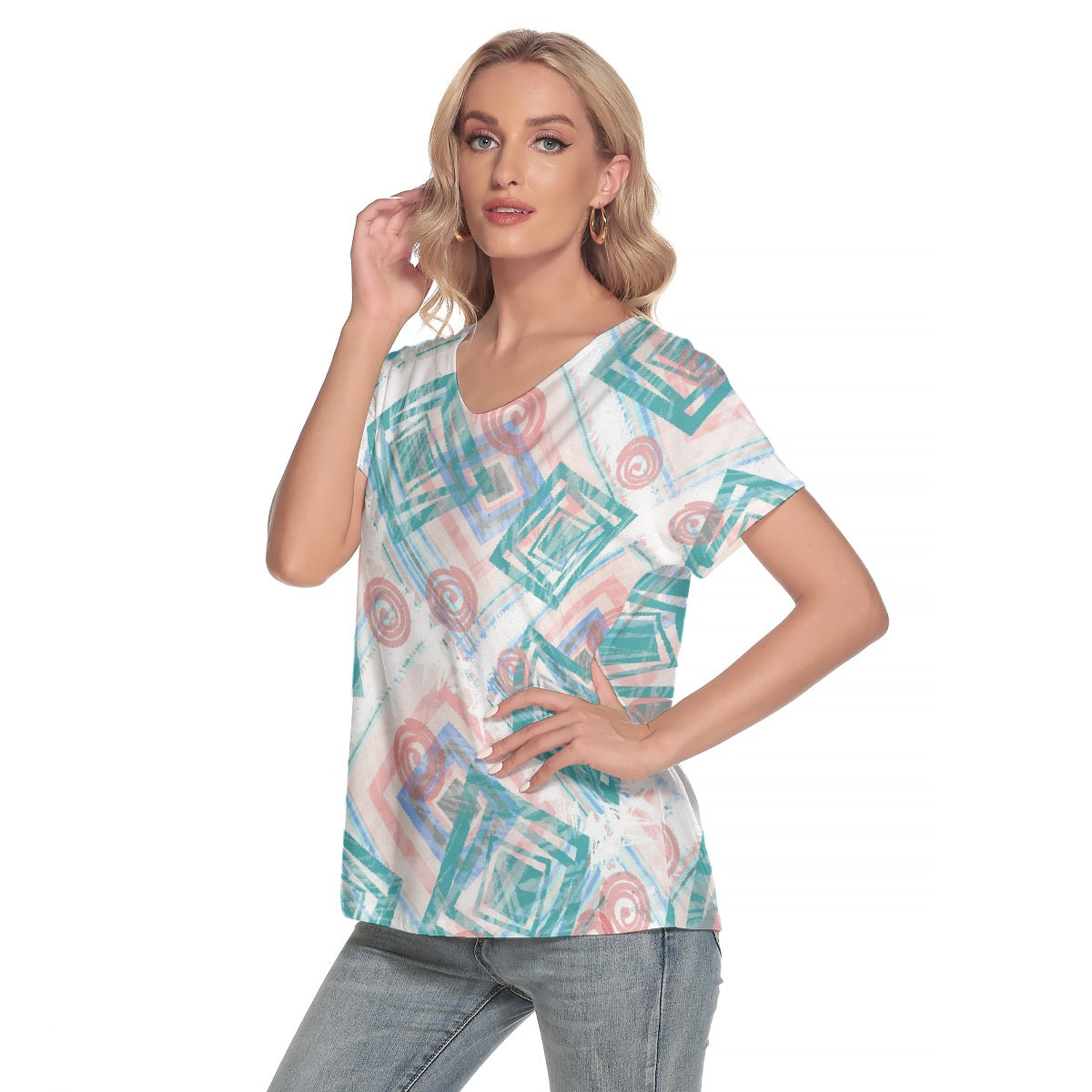 All-Over Print Women's Loose V-neck Short Sleeve T-shirt