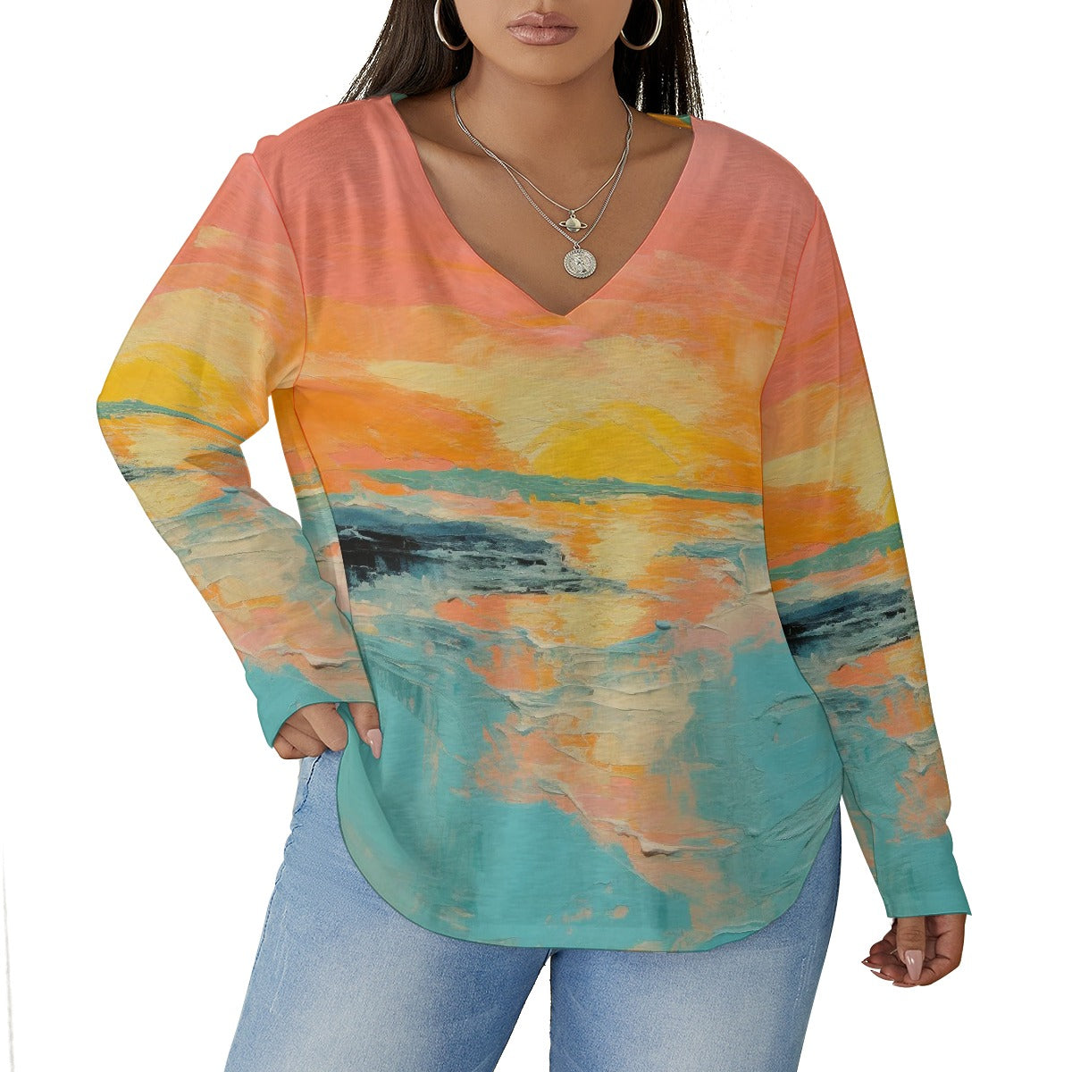 All-Over Print Women's V-neck T-shirt With Curved Hem(Plus Size)