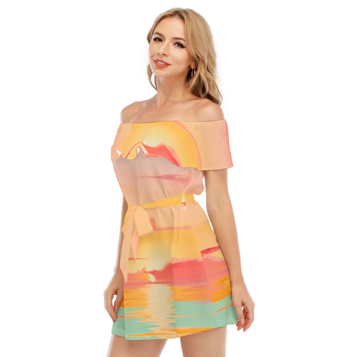 All-Over Print Women's Off-shoulder Dress With Ruffle