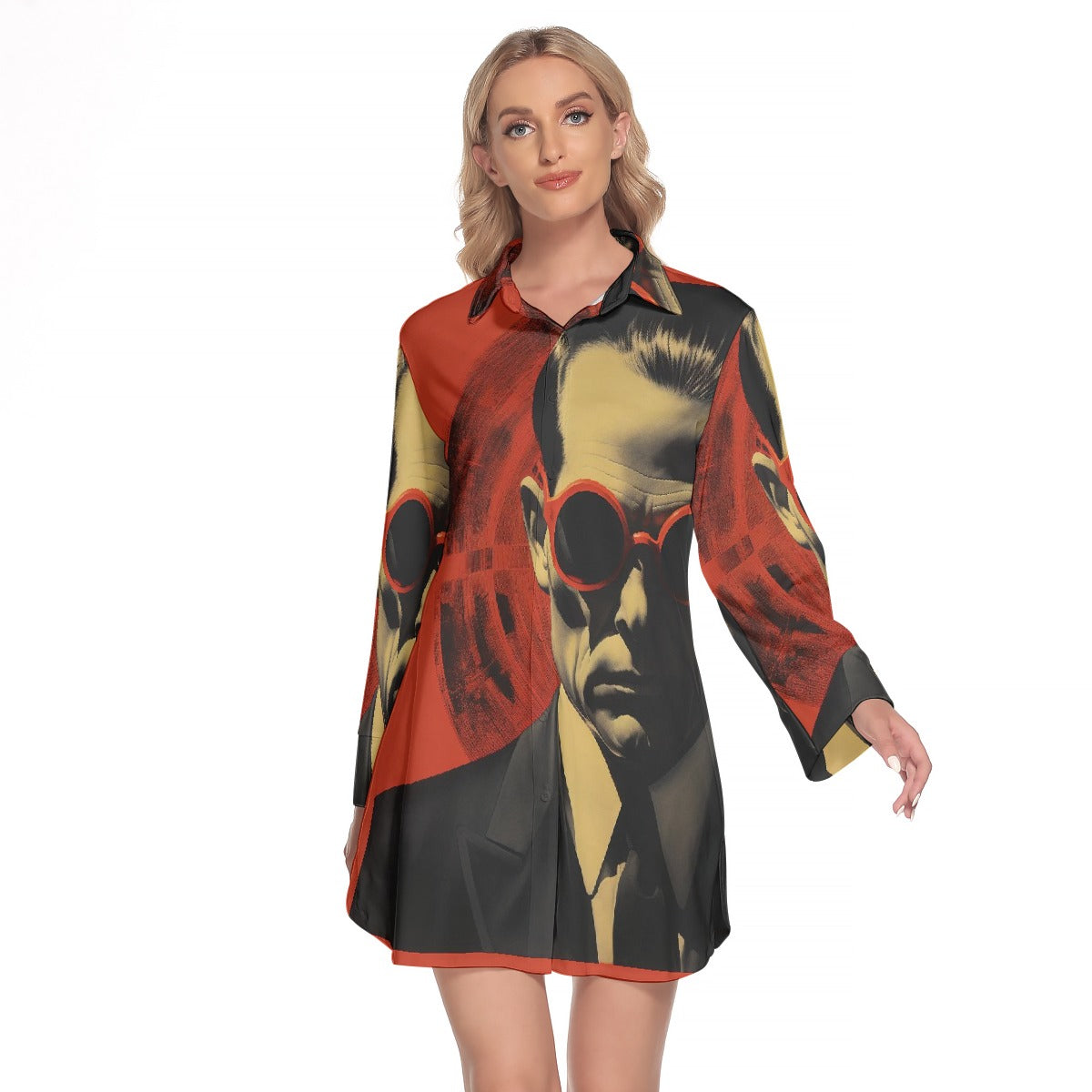 All-Over Print Women's Lapel Shirt Dress With Long Sleeve