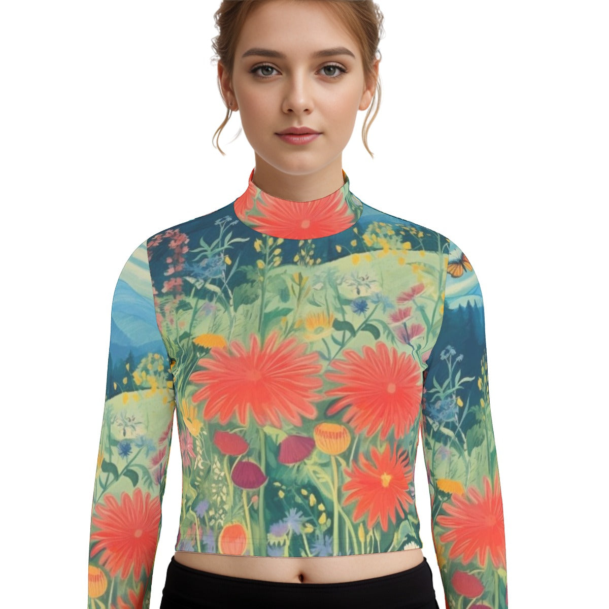 Eco-Friendly All-Over Print Women's Turtleneck T-shirt With Long Sleeve