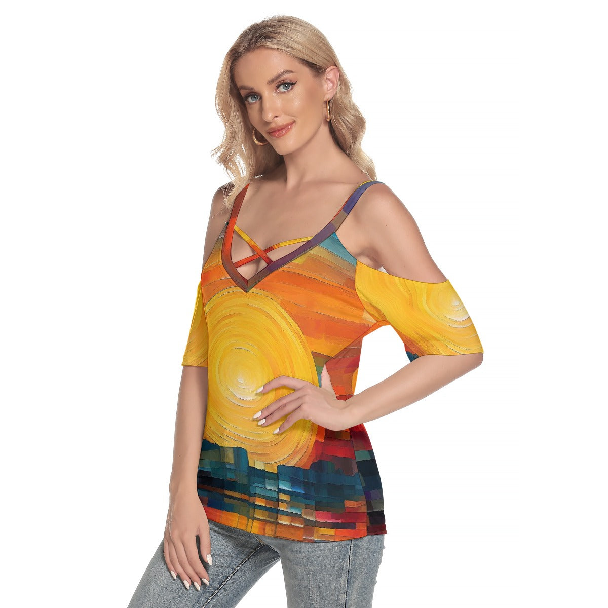 All-Over Print Women's Cold Shoulder T-shirt With Criss Cross Strips