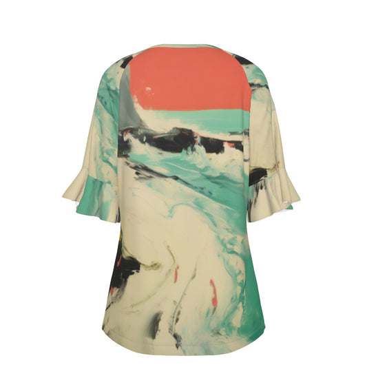 All-Over Print V-neck Women's T-shirt With Bell Sleeve