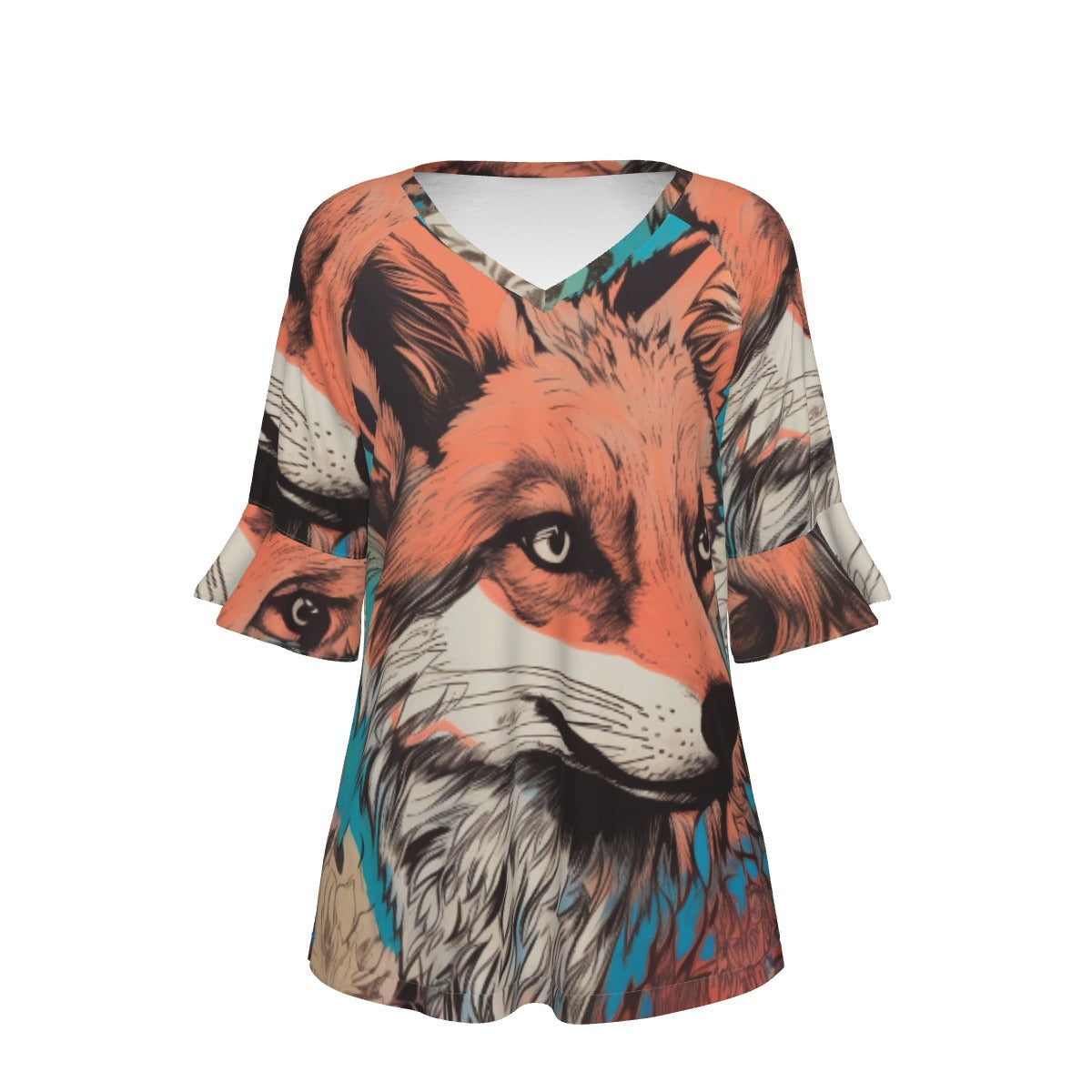 All-Over Print V-neck Women's T-shirt With Bell Sleeve