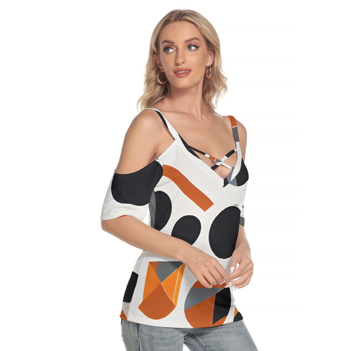 All-Over Print Women's Cold Shoulder T-shirt With Criss Cross Strips