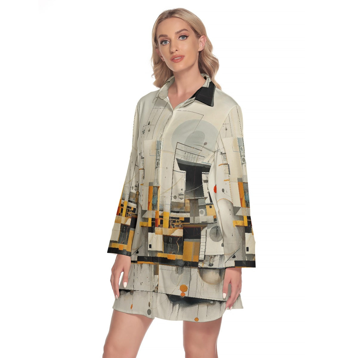 All-Over Print Women's Lapel Shirt Dress With Long Sleeve