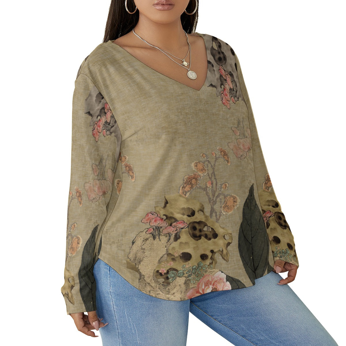 All-Over Print Women's V-neck T-shirt With Curved Hem(Plus Size)