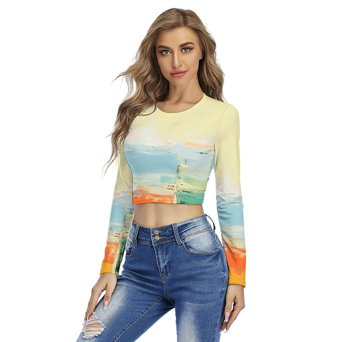 All-Over Print Women's Round Neck Crop Top T-Shirt