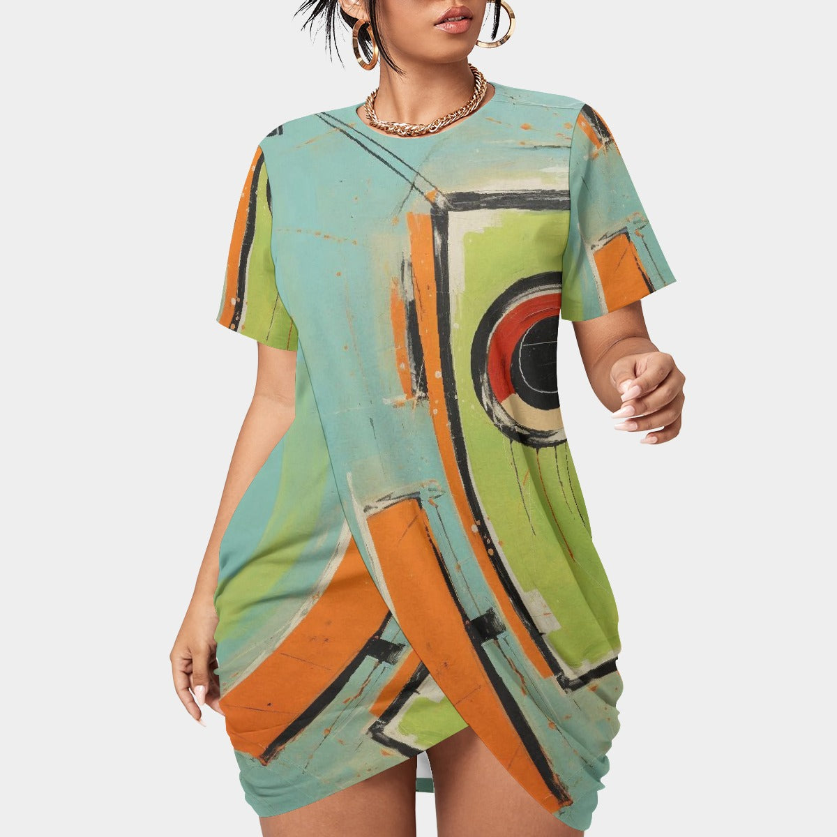 All-Over Print Women’s Stacked Hem Dress With Short Sleeve（Plus Size）