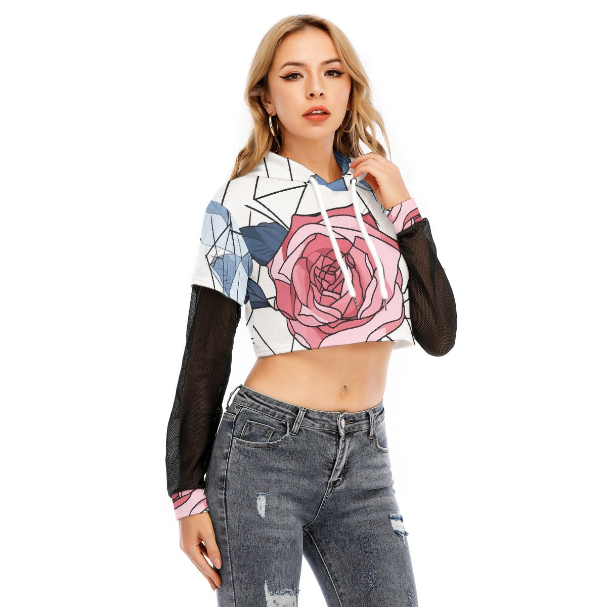 All-Over Print Women's Fake Two-piece Mesh Sleeve Cropped Hoodie