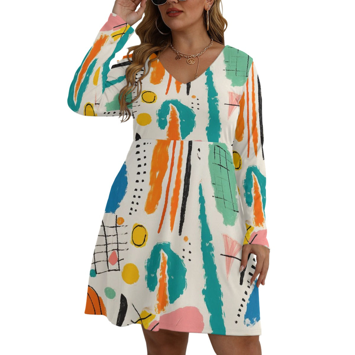 All-Over Print Women's V-neck Long Sleeve Dress(Plus Size)