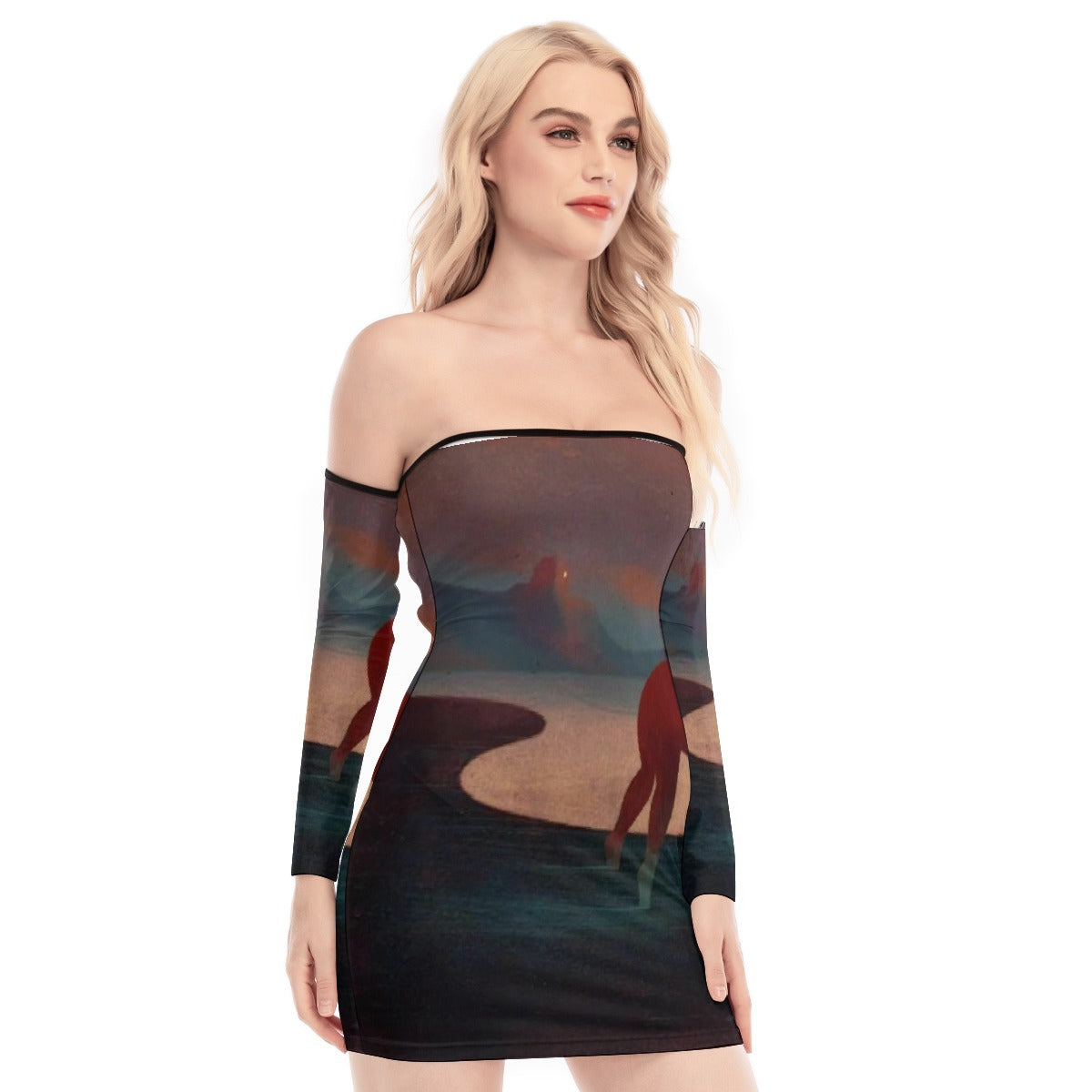 All-Over Print Women's Off-shoulder Back Lace-up Dress