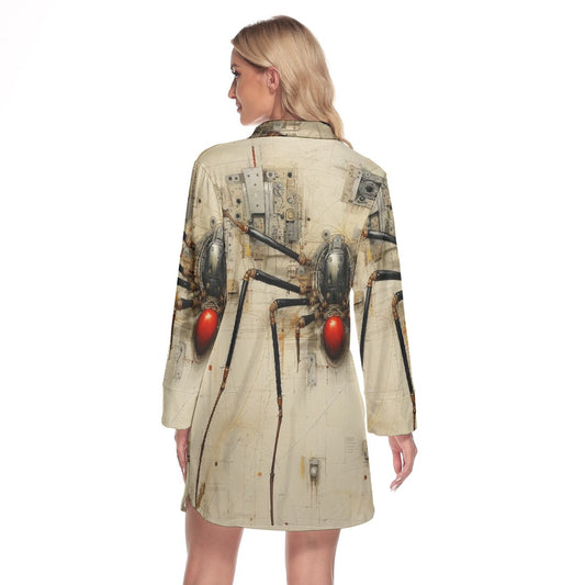 All-Over Print Women's Lapel Shirt Dress With Long Sleeve