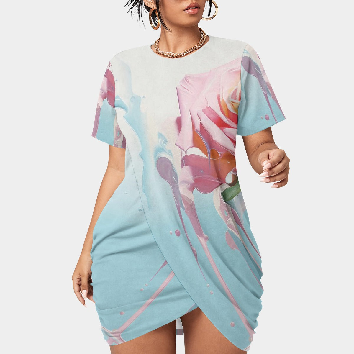 All-Over Print Women’s Stacked Hem Dress With Short Sleeve（Plus Size）