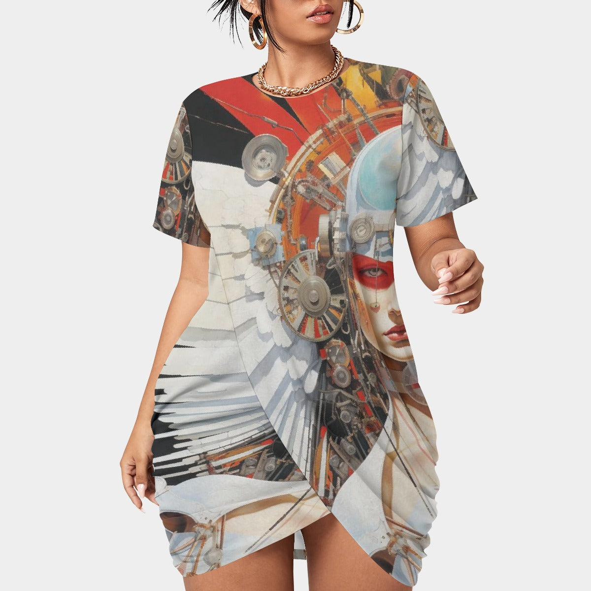 All-Over Print Women’s Stacked Hem Dress With Short Sleeve（Plus Size）