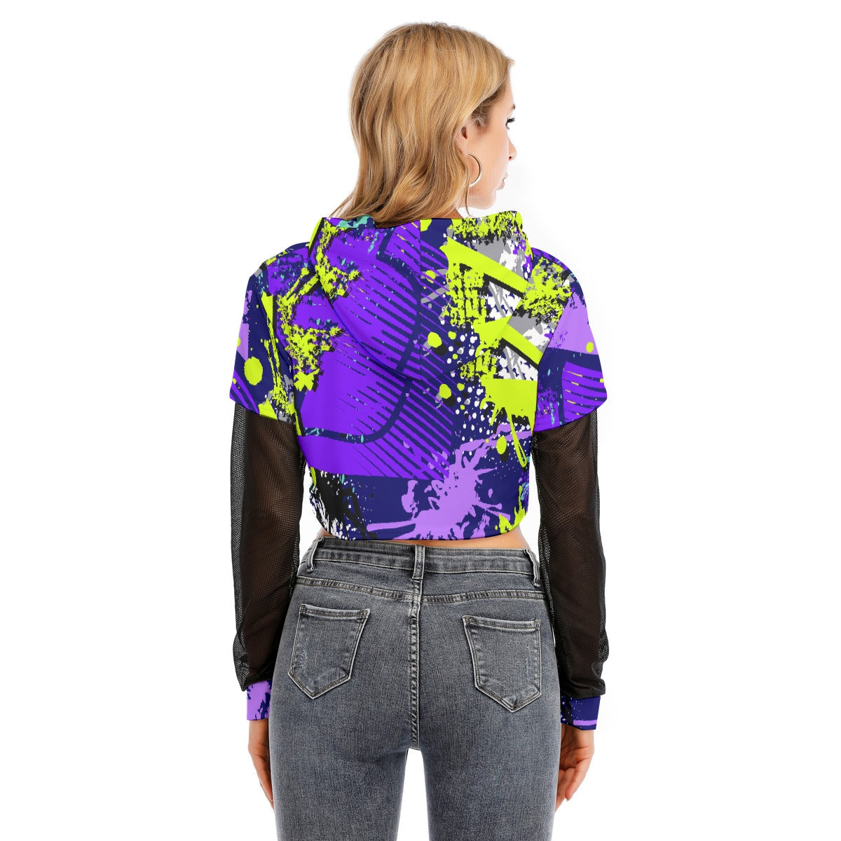 All-Over Print Women's Fake Two-piece Mesh Sleeve Cropped Hoodie