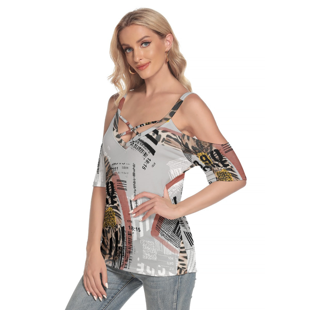 All-Over Print Women's Cold Shoulder T-shirt With Criss Cross Strips