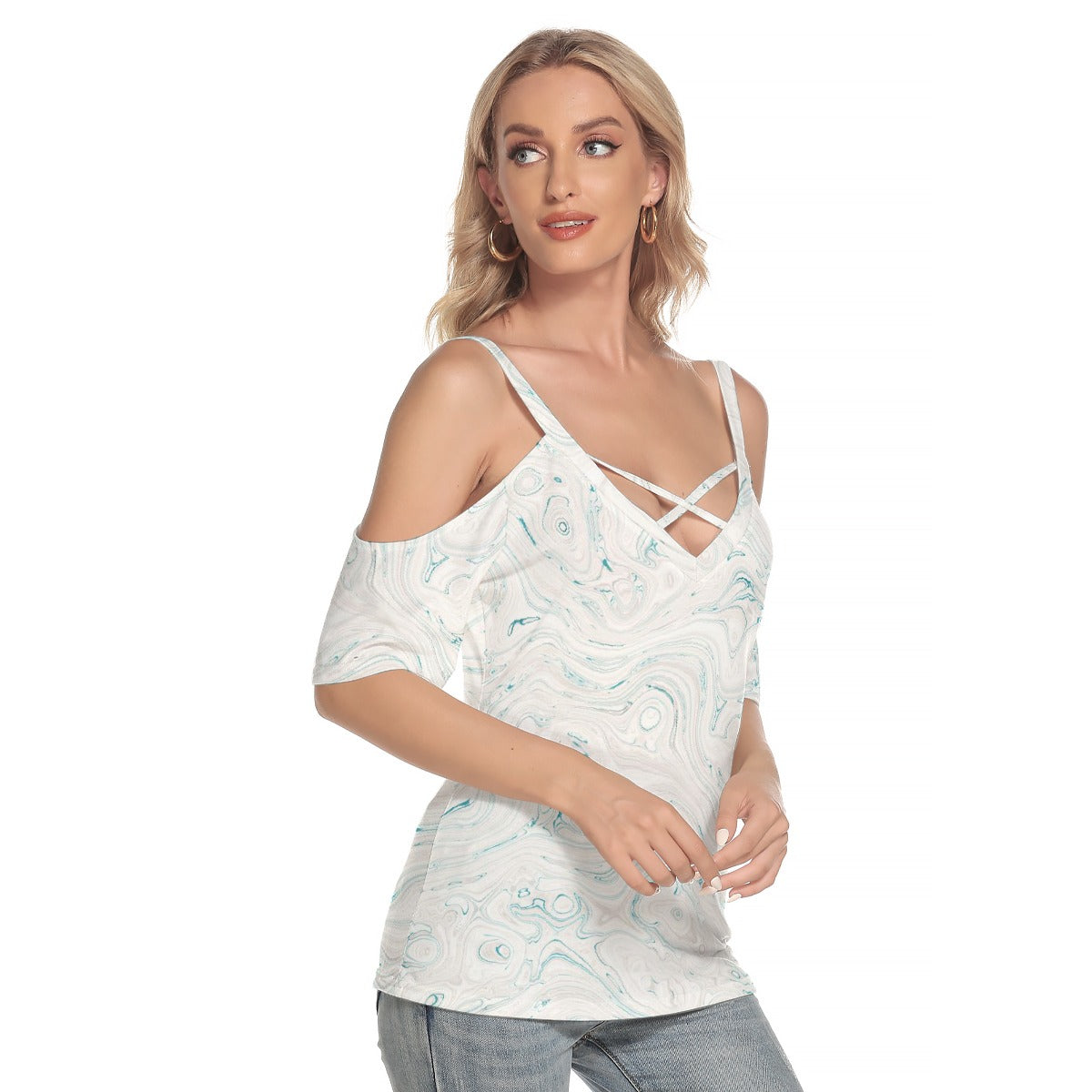 All-Over Print Women's Cold Shoulder T-shirt With Criss Cross Strips