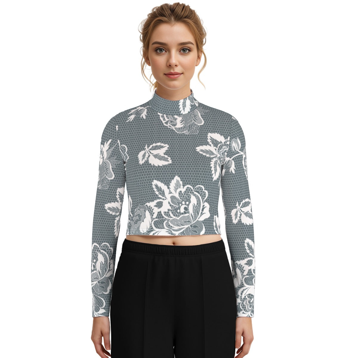 Eco-Friendly All-Over Print Women's Turtleneck T-shirt With Long Sleeve