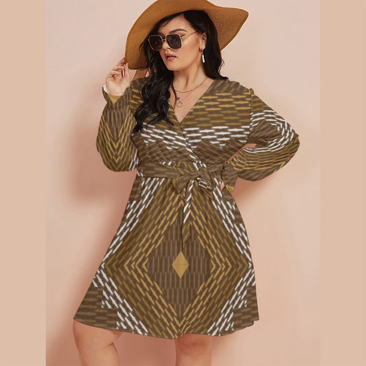 All-Over Print Women's V-neck Dress With Waistband(Plus Size)