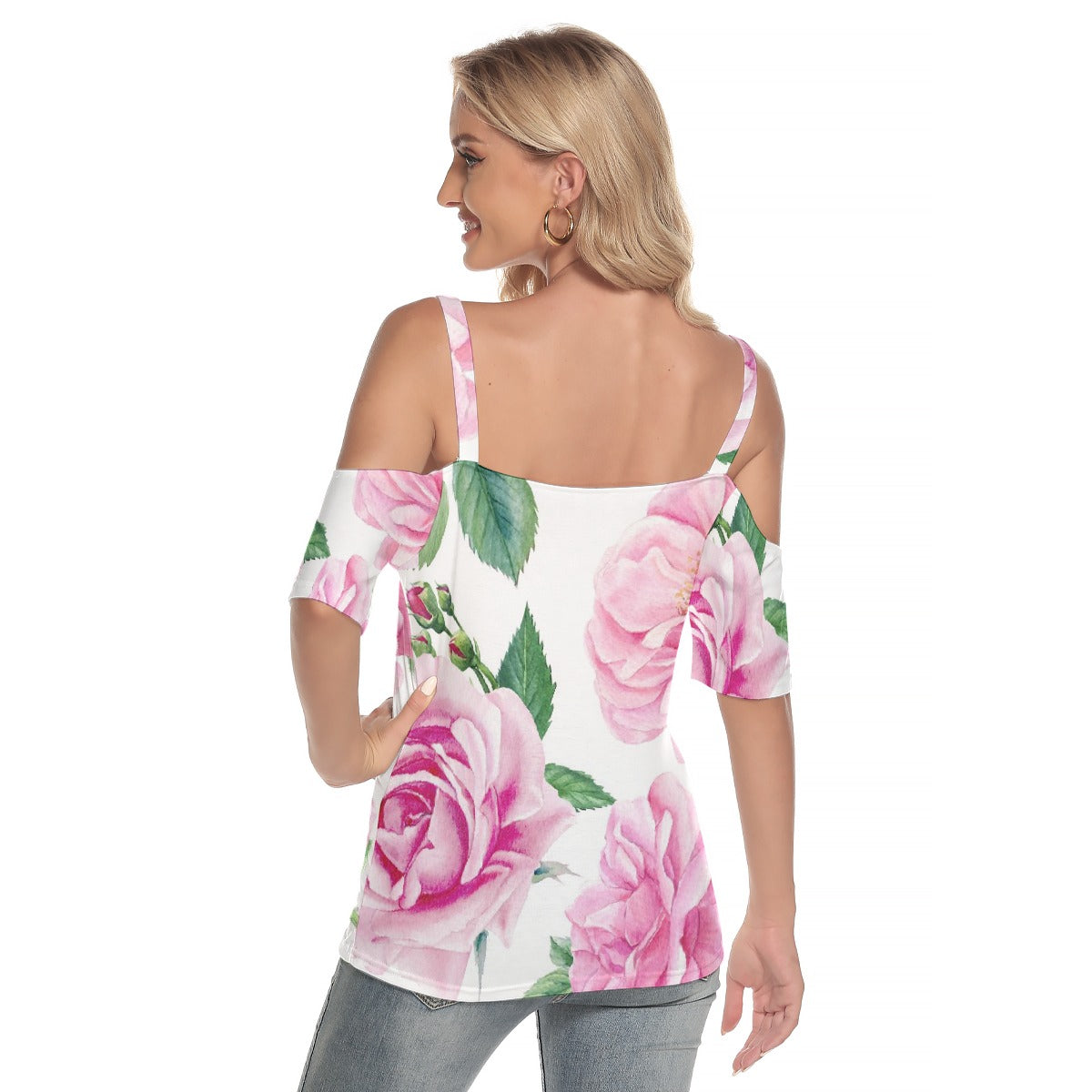 All-Over Print Women's Cold Shoulder T-shirt With Criss Cross Strips