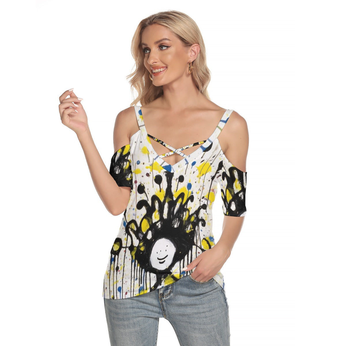 All-Over Print Women's Cold Shoulder T-shirt With Criss Cross Strips