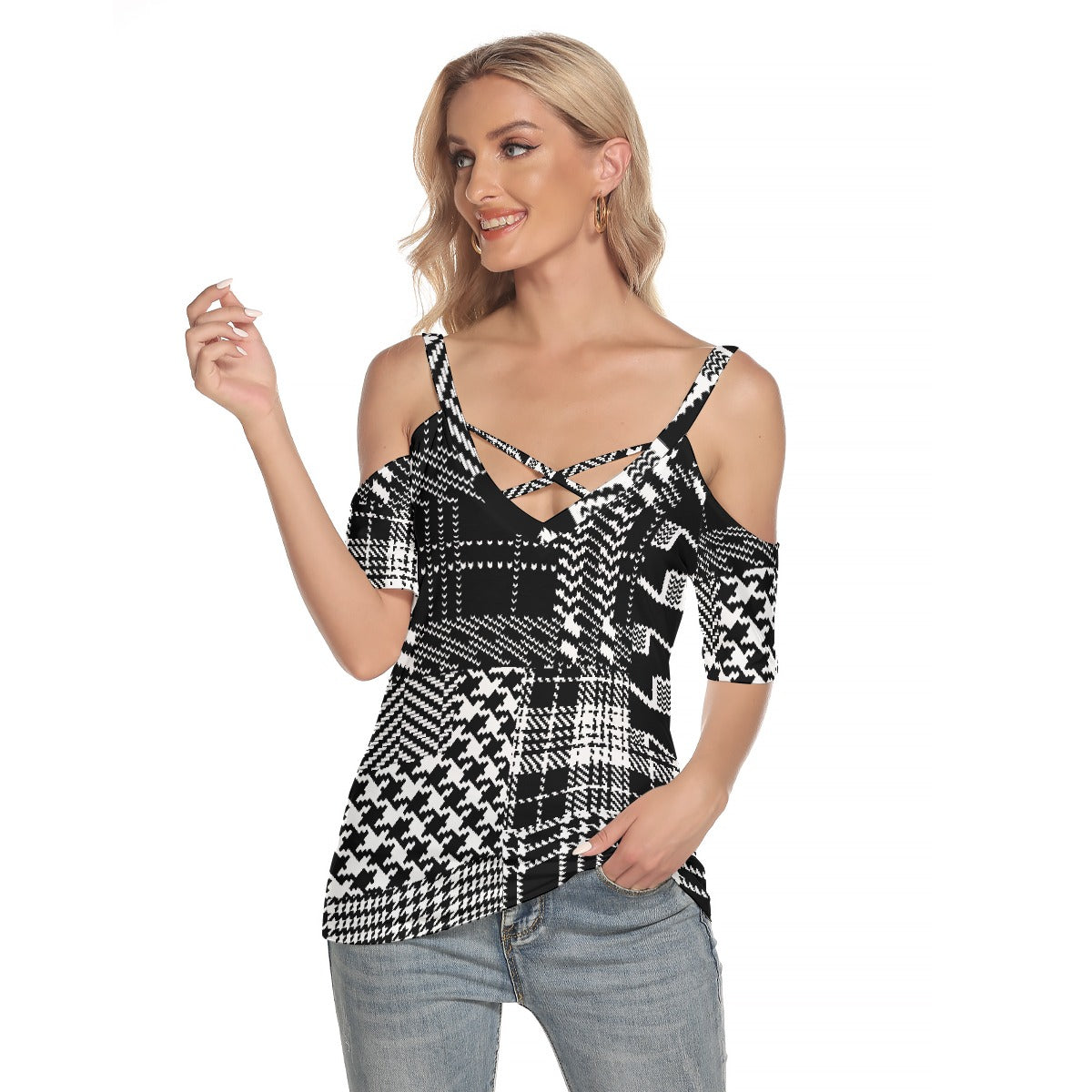 All-Over Print Women's Cold Shoulder T-shirt With Criss Cross Strips