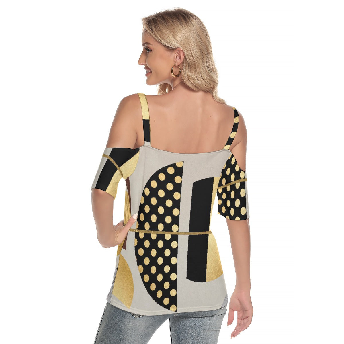 All-Over Print Women's Cold Shoulder T-shirt With Criss Cross Strips