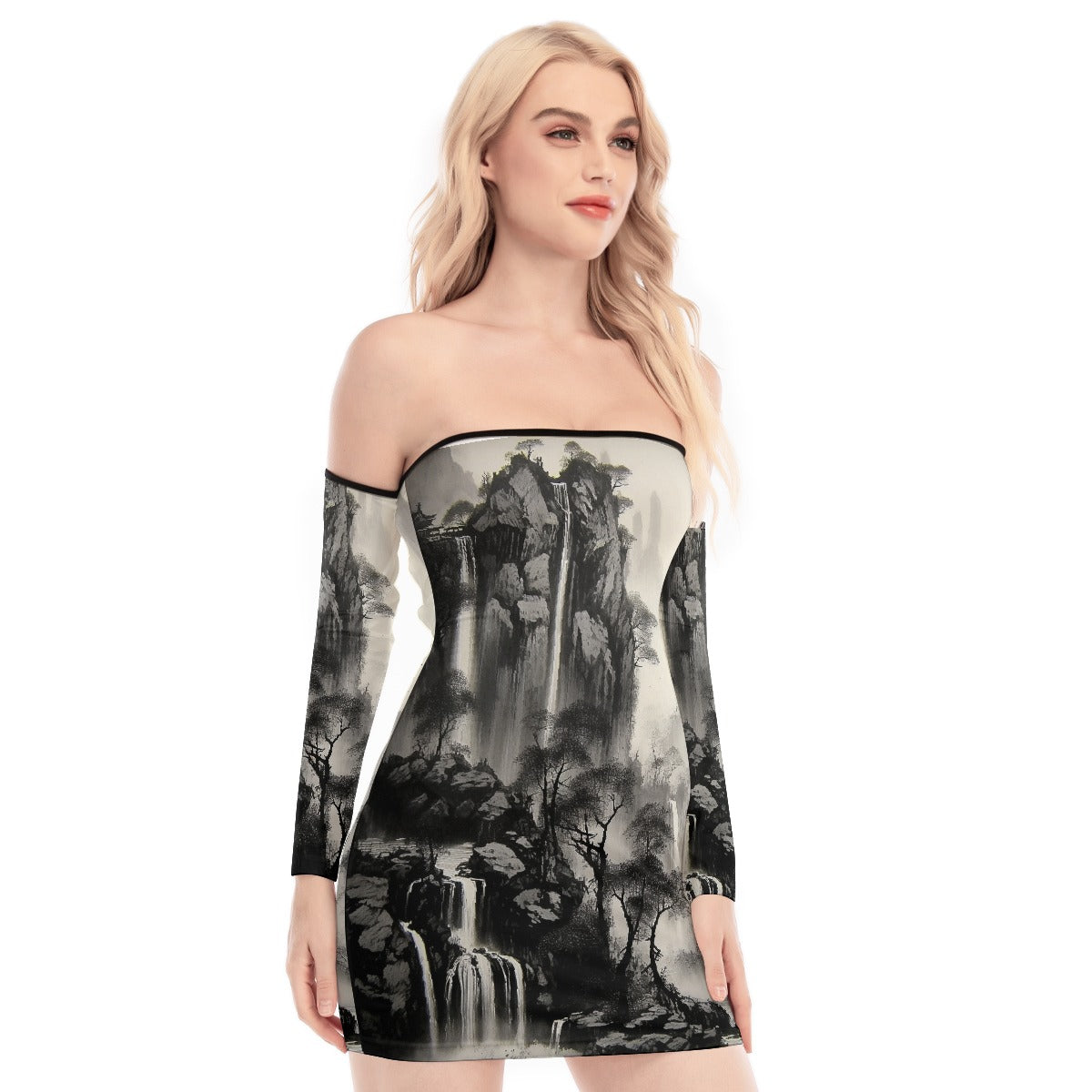 All-Over Print Women's Off-shoulder Back Lace-up Dress