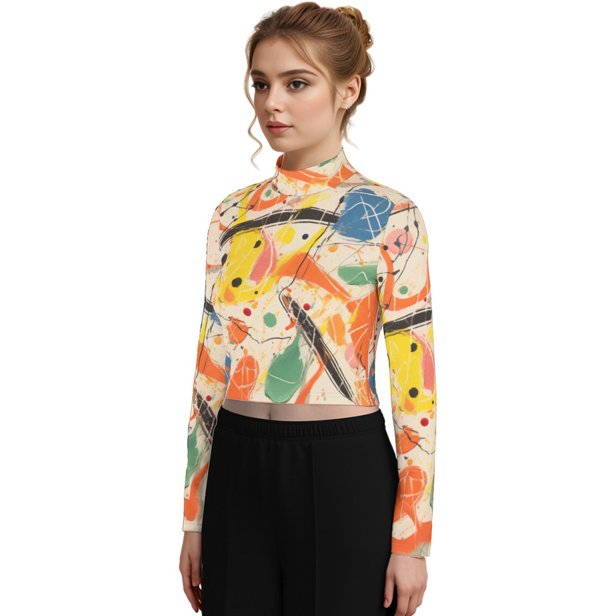 Eco-Friendly All-Over Print Women's Turtleneck T-shirt With Long Sleeve