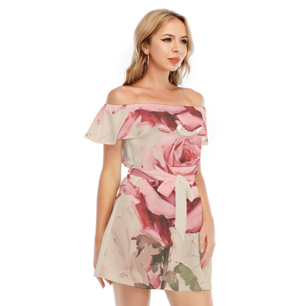 All-Over Print Women's Off-shoulder Dress With Ruffle