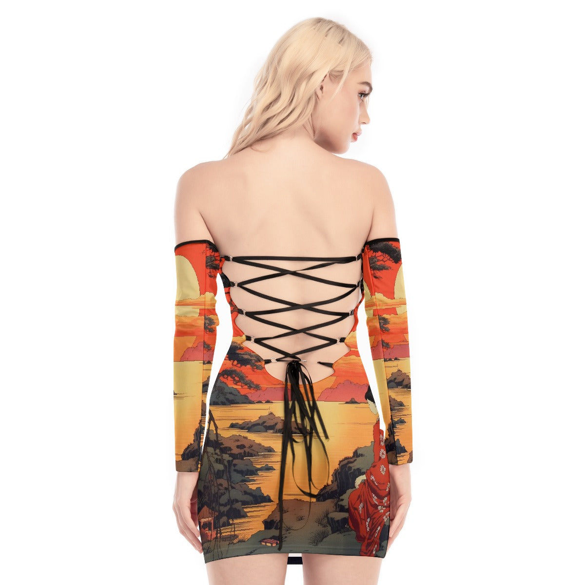 All-Over Print Women's Off-shoulder Back Lace-up Dress