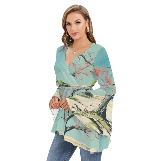 All-Over Print Women's V-neck Blouse With Flared Sleeves