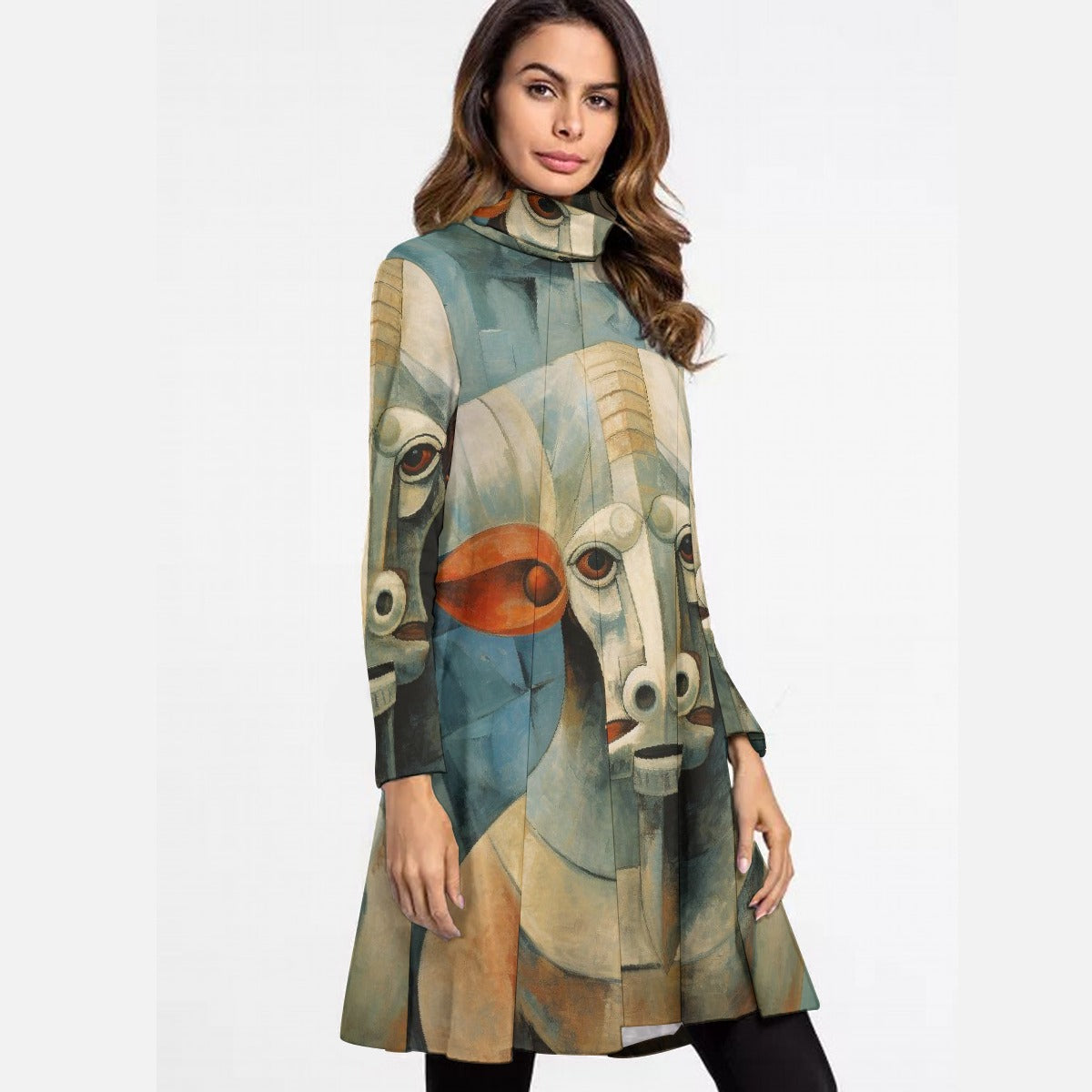 All-Over Print Women's High Neck Dress With Long Sleeve