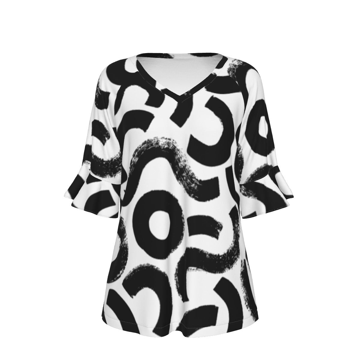 All-Over Print V-neck Women's T-shirt With Bell Sleeve