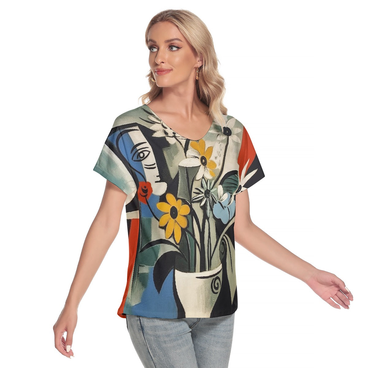 All-Over Print Women's Loose V-neck Short Sleeve T-shirt