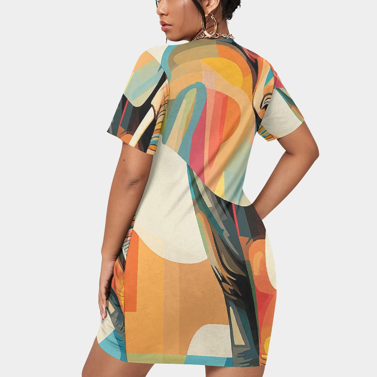 All-Over Print Women’s Stacked Hem Dress With Short Sleeve（Plus Size）