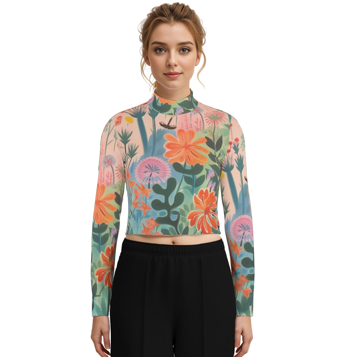 Eco-Friendly All-Over Print Women's Turtleneck T-shirt With Long Sleeve